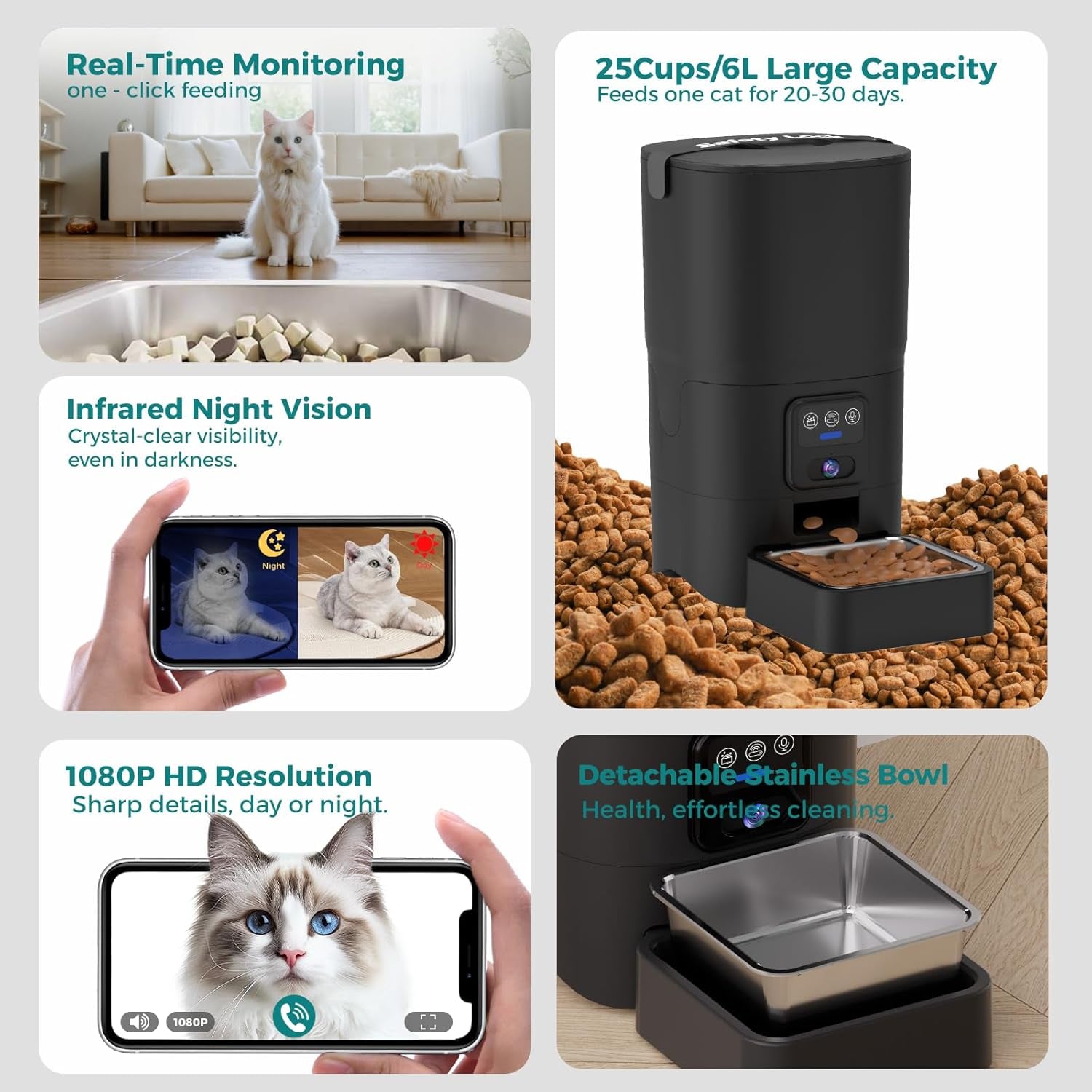 Automatic Cat Feeder with Camera, 1080P HD & Night Vision, 6L Cat Food Dispenser with App, 5G Wifi Timed Cat Feeder for Dry Food, 2-Way Audio, Smart Pet Feeder for Dog, 1-10 Meals/Day