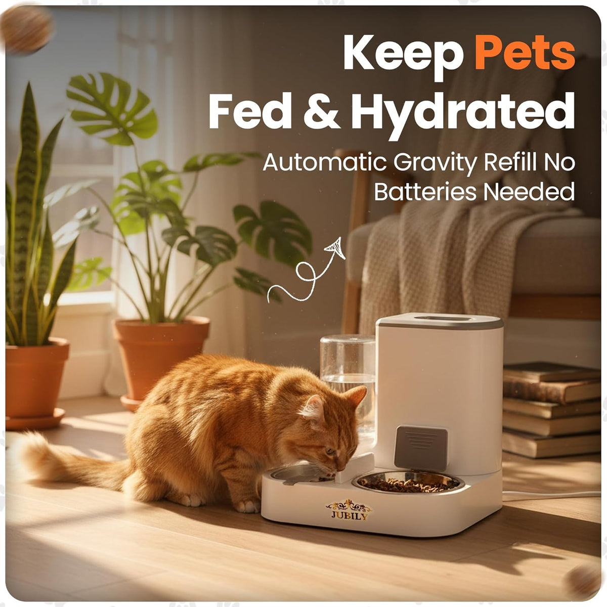 Automatic Cat Feeder & Water Dispenser – Gravity Cat Feeding Station with Stainless Steel Bowl, 2.2L Food & 1L Water Capacity, Automatic Pet Feeder for Cats & Small Dogs (Grey)