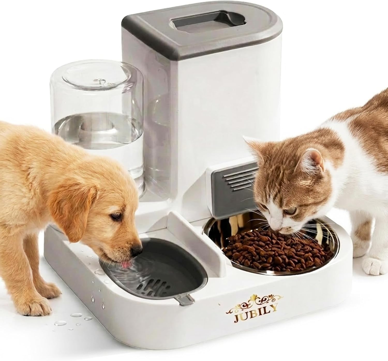 Automatic Cat Feeder & Water Dispenser – Gravity Cat Feeding Station with Stainless Steel Bowl, 2.2L Food & 1L Water Capacity, Automatic Pet Feeder for Cats & Small Dogs (Grey)