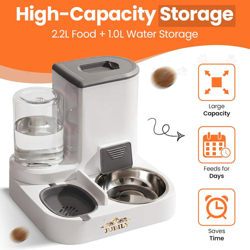 Automatic Cat Feeder & Water Dispenser – Gravity Cat Feeding Station with Stainless Steel Bowl, 2.2L Food & 1L Water Capacity, Automatic Pet Feeder for Cats & Small Dogs (Grey)